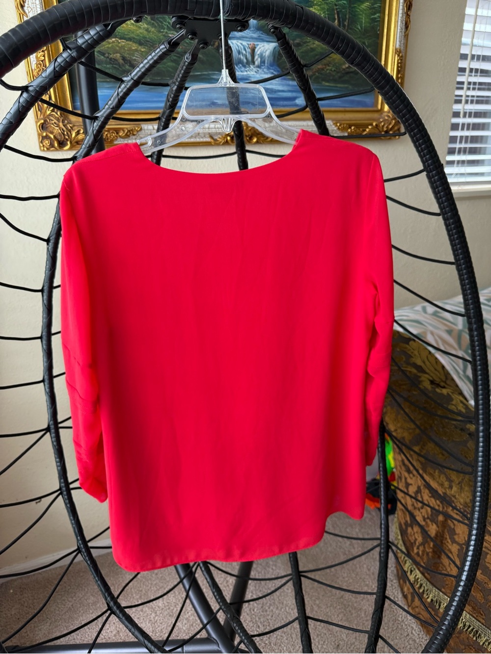 Alfani Red V-Neck Blouse with Sheer Mesh Pleated Sleeves Size Small SP19 - Picture 7 of 7